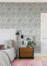 Culver Slate Jacobean Botanical Scrolling Floral Blue Non Woven Unpasted Strippable Washable Wallpaper by A-Street Prints Scott Living - FD26781