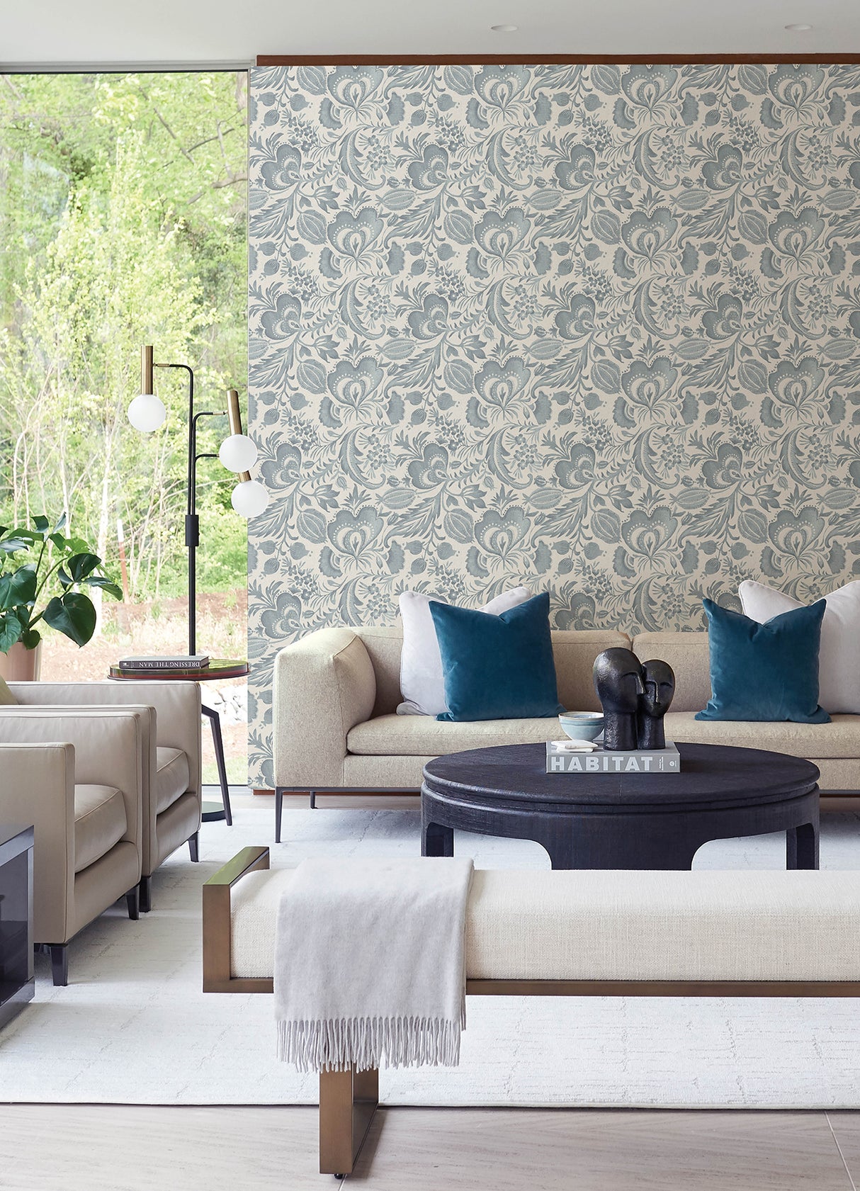 Culver Slate Jacobean Botanical Scrolling Floral Blue Non Woven Unpasted Strippable Washable Wallpaper by A-Street Prints Scott Living - FD26781