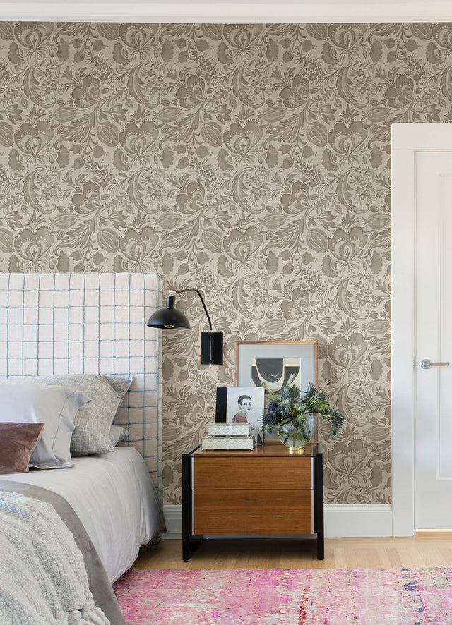 Culver Light Brown Jacobean Wallpaper with Botanical Floral Motif - Brewster 4034-26782