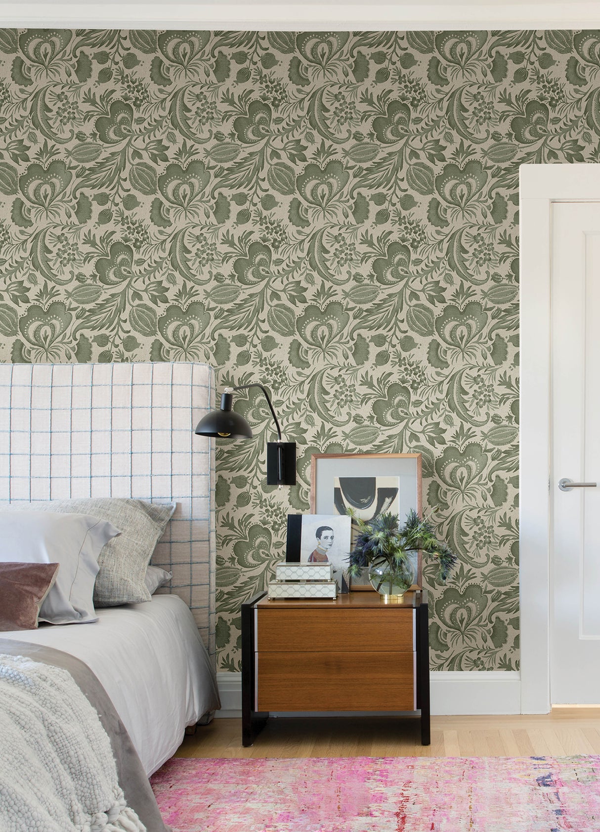 Culver Moss Green by A-Street Prints Jacobean Botanical Wallpaper with Leafy Scrolls and Floral Accents on Faux Linen Non Woven Unpasted - FD26783