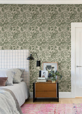 Culver Moss Green by A-Street Prints Jacobean Botanical Wallpaper with Leafy Scrolls and Floral Accents on Faux Linen Non Woven Unpasted - FD26783