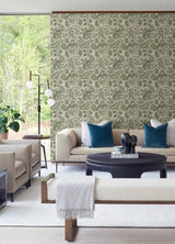 Culver Moss Green by A-Street Prints Jacobean Botanical Wallpaper with Leafy Scrolls and Floral Accents on Faux Linen Non Woven Unpasted - FD26783