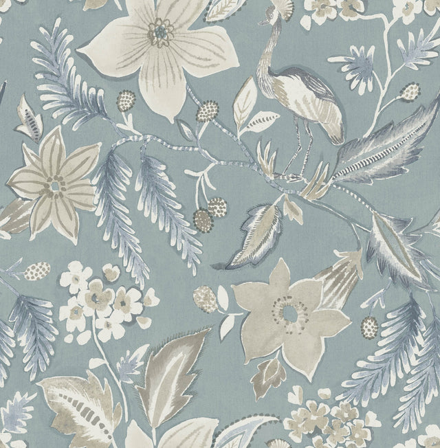 Crestwood Sky Blue Crowned Crane Wallpaper with Botanical Birds Motif - A-Street Prints 4034-26791