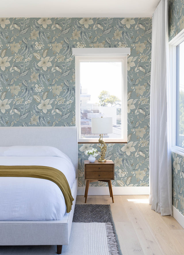 Crestwood Sky Blue Crowned Crane Wallpaper with Botanical Birds Motif - A-Street Prints 4034-26791