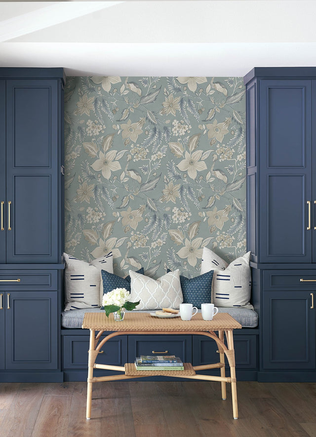 Crestwood Sky Blue Crowned Crane Wallpaper with Botanical Birds Motif - A-Street Prints 4034-26791