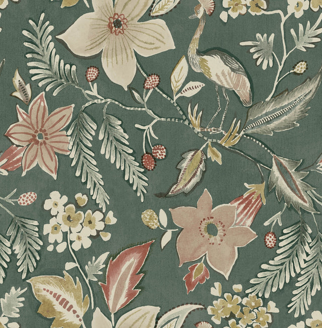 Crestwood Sea Green Crowned Crane Wallpaper with Botanical Birds Motif - Brewster 4034-26792