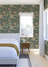 Crestwood Sea Green Crowned Crane Wallpaper with Botanical Birds Motif - Brewster 4034-26792