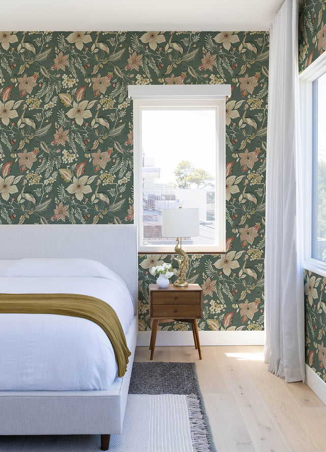 Crestwood Sea Green Crowned Crane Wallpaper with Botanical Birds Motif - Brewster 4034-26792