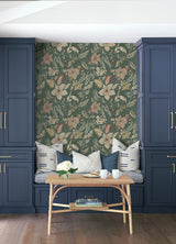 Crestwood Sea Green Crowned Crane Wallpaper with Botanical Birds Motif - Brewster 4034-26792