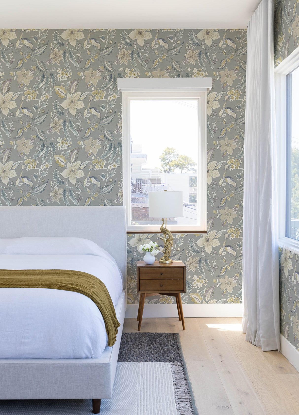 Crestwood Grey Crowned Crane Wallpaper with Botanical Birds Motif - A-Street Prints 4034-26793