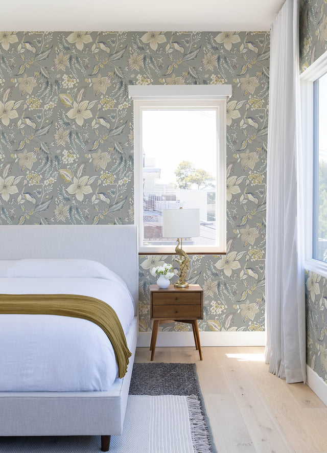 Crestwood Grey Crowned Crane Wallpaper with Botanical Birds Motif - A-Street Prints 4034-26793