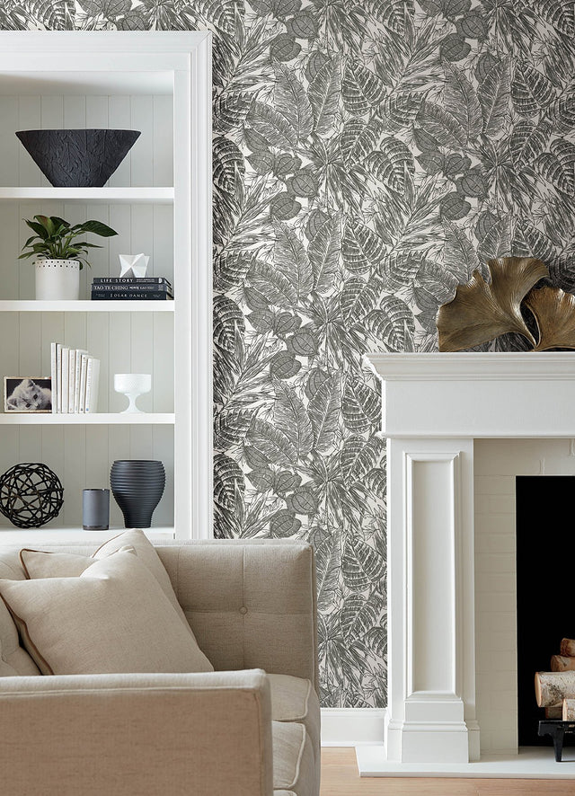 Brentwood Black Palm Leaves Wallpaper with Textured Paper Weave Grasscloth - Brewster 4034-72115