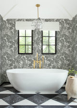 Brentwood Black Palm Leaves Wallpaper with Textured Paper Weave Grasscloth - Brewster 4034-72115