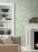 Brentwood Green Palm Leaves Wallpaper with Textured Paper Weave Grasscloth - A-Street Prints 4034-72116