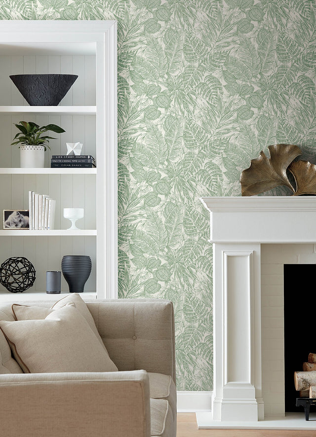 Brentwood Green Palm Leaves Wallpaper with Textured Paper Weave Grasscloth - A-Street Prints 4034-72116