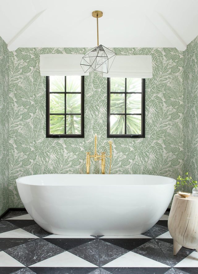 Brentwood Green Palm Leaves Wallpaper with Textured Paper Weave Grasscloth - A-Street Prints 4034-72116