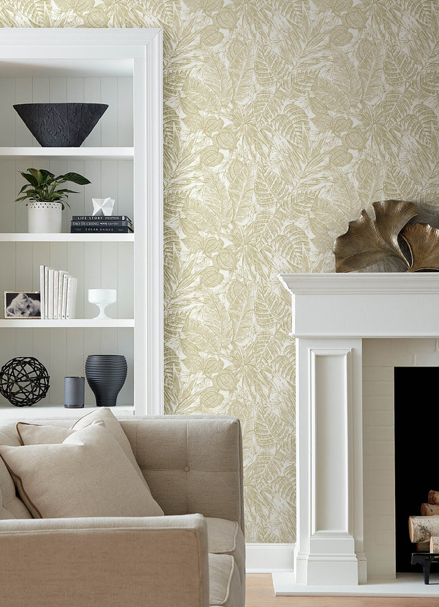 Brentwood Yellow Palm Leaves Wallpaper with Botanical Paper Weave Grasscloth Texture - A?Street Prints 4034-72117