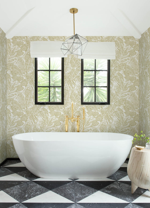 Brentwood Yellow Palm Leaves Wallpaper with Botanical Paper Weave Grasscloth Texture - A?Street Prints 4034-72117