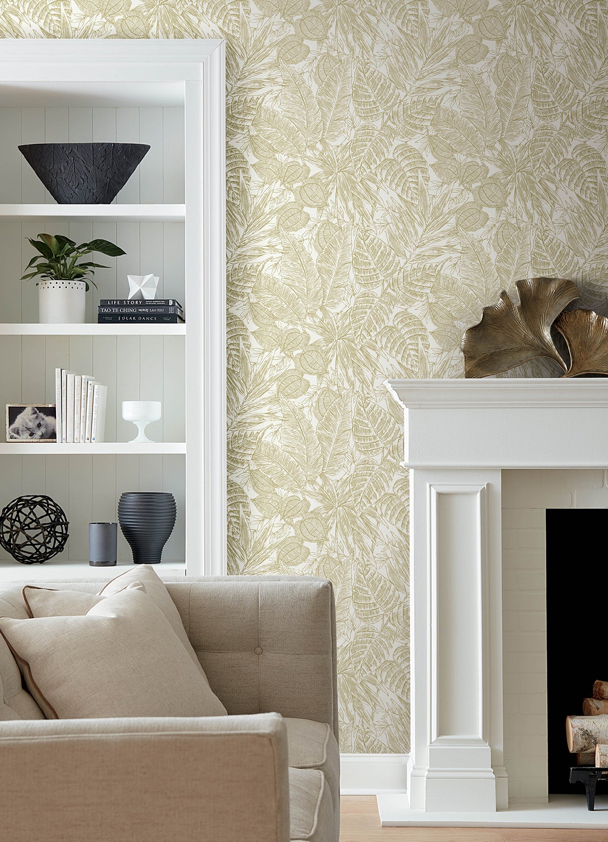 Brentwood Yellow Palm Leaves Wallpaper by A-Street Prints Scott Living III Botanical Tropical Palm Unpasted Paper Weave Grasscloth - YK72117