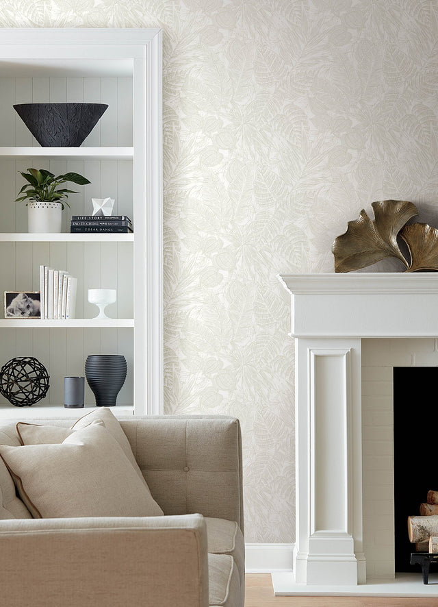 Brentwood Bone Palm Leaves Textured Wallpaper with Botanical Paper Weave Grasscloth - Brewster 4034-72118