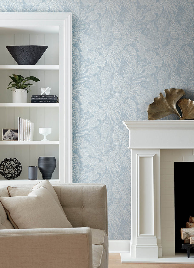 Brentwood Sky Blue Palm Leaves Wallpaper with Textured Paper Weave Grasscloth - A-Street Prints 4034-72119