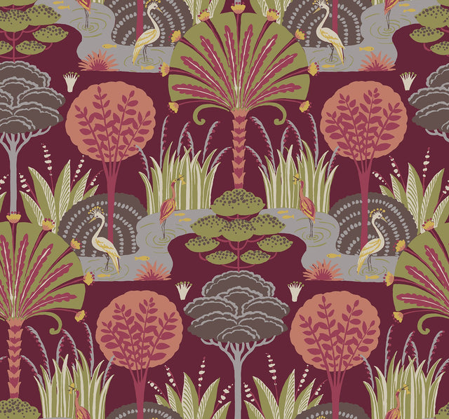 Mandeville Raspberry Tropical Paradise Wallpaper with Botanical Crane Motif - A-Street Prints 4034-72122