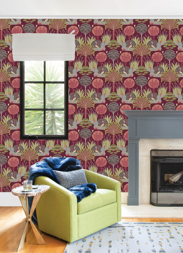 Mandeville Raspberry Tropical Paradise Wallpaper with Botanical Crane Motif - A-Street Prints 4034-72122