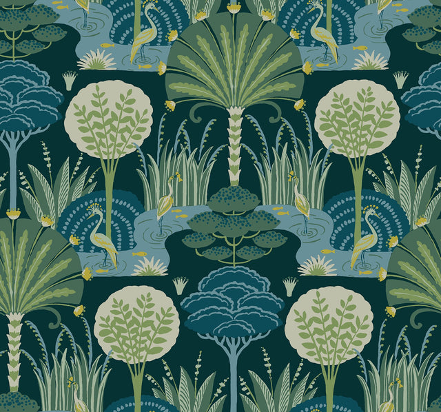 Mandeville Teal Tropical Paradise Wallpaper with Botanical Crane Oasis - A-Street Prints 4034-72123