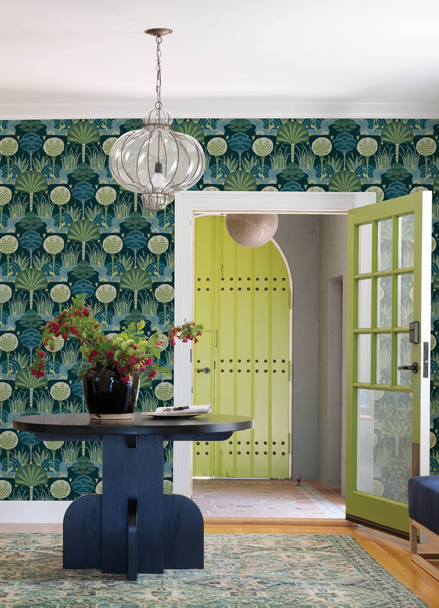 Mandeville Teal Tropical Paradise Wallpaper with Botanical Crane Oasis - A-Street Prints 4034-72123