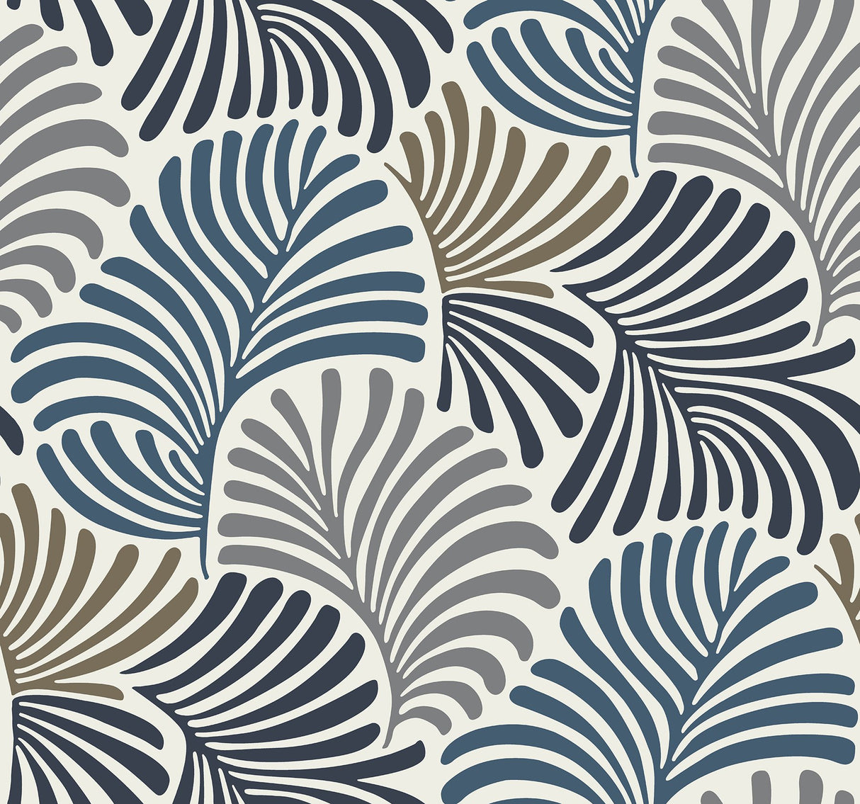 Trousdale Dark Blue Fanning Flora Wallpaper with Bohemian Botanical Leaf Motif - Brewster 4034-72124