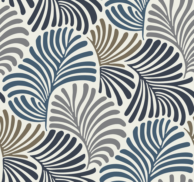 Trousdale Dark Blue Fanning Flora Wallpaper with Bohemian Botanical Leaf Motif - Brewster 4034-72124