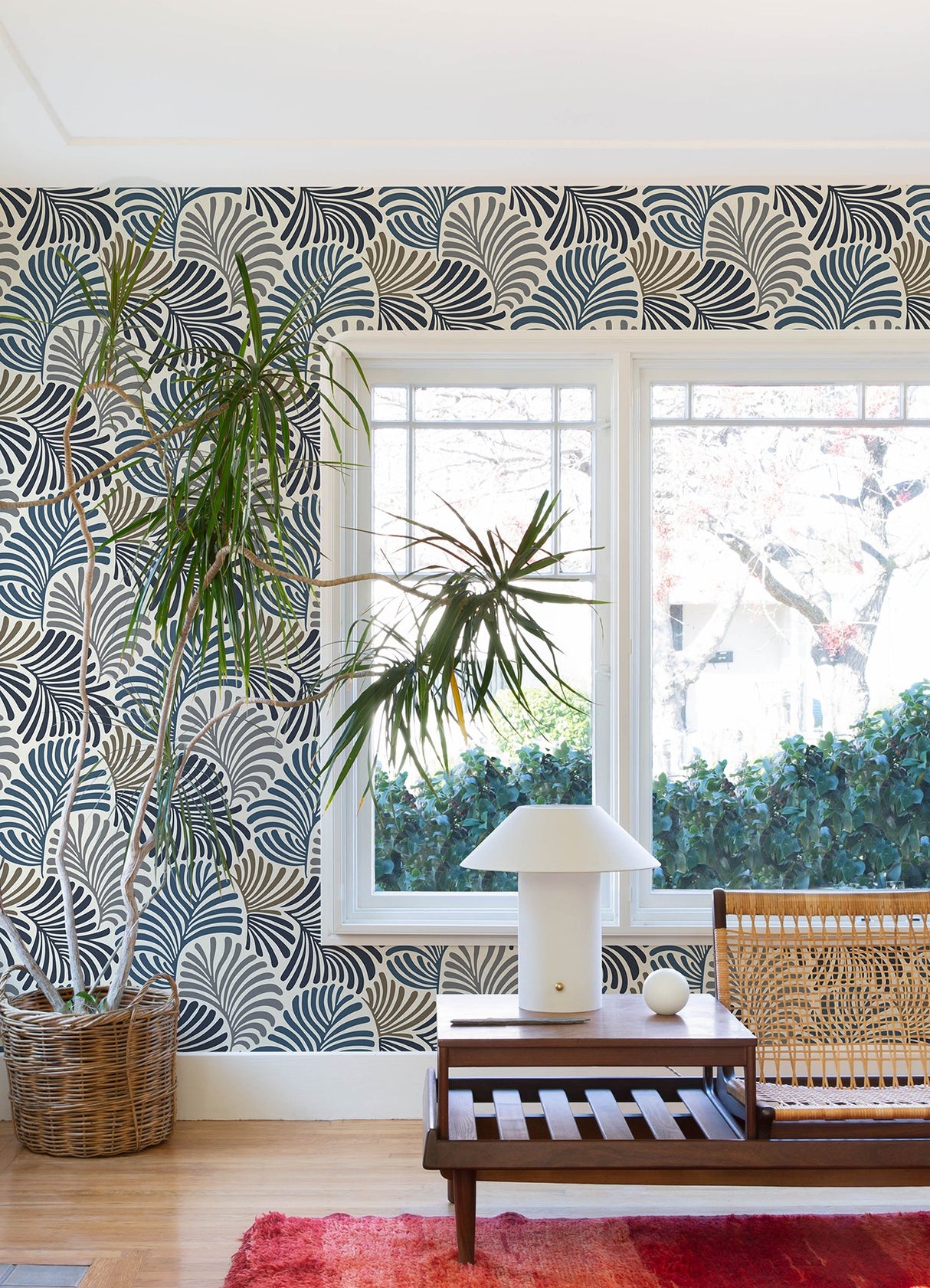 Trousdale Dark Blue Fanning Flora Wallpaper with Bohemian Botanical Leaf Motif - Brewster 4034-72124