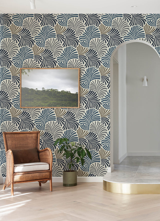 Trousdale Dark Blue Fanning Flora Wallpaper with Bohemian Botanical Leaf Motif - Brewster 4034-72124