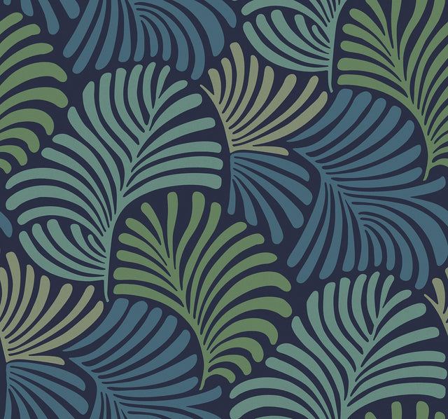 Trousdale Navy Fanning Flora Wallpaper with Bohemian Botanical Leaf Motif - Brewster 4034-72125