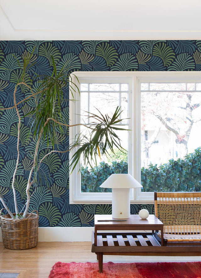 Trousdale Navy Fanning Flora Wallpaper with Bohemian Botanical Leaf Motif - Brewster 4034-72125