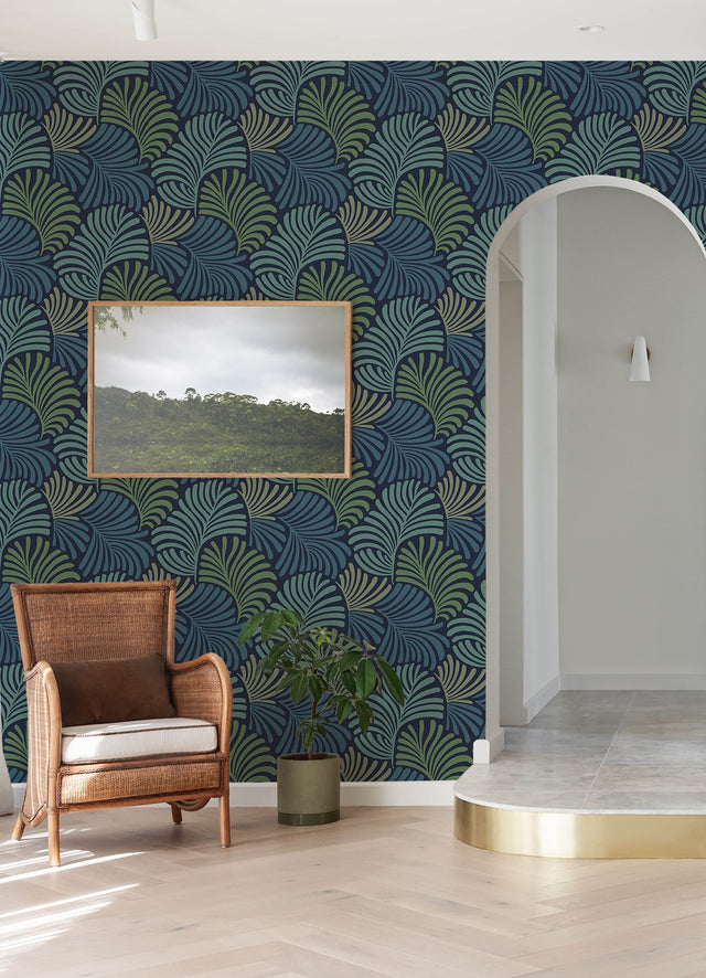 Trousdale Navy Fanning Flora Wallpaper with Bohemian Botanical Leaf Motif - Brewster 4034-72125