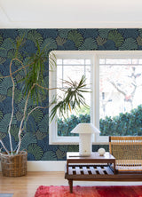 Trousdale Navy Fanning Flora Wallpaper by A-Street Prints Scott Living Bohemian Tropical Botanical Non Woven - YK72125