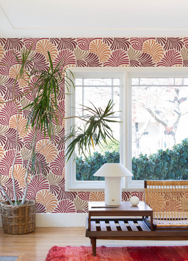 Trousdale Raspberry Fanning Flora Wallpaper with Bohemian Botanical Leaf Motif - Brewster 4034-72128