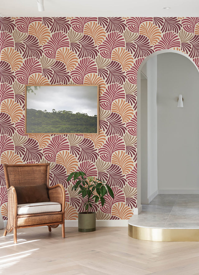 Trousdale Raspberry Fanning Flora Wallpaper with Bohemian Botanical Leaf Motif - Brewster 4034-72128