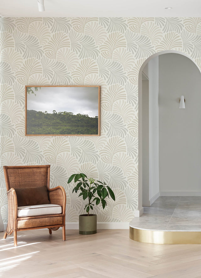 Trousdale Neutral Fanning Flora Wallpaper with Botanical Leaf Motif - Brewster 4034-72129