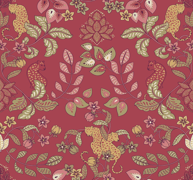 Getty Raspberry Jungle Damask Wallpaper with Bohemian Animals Motif - A-Street Prints 4034-72130