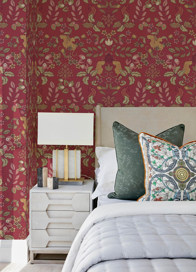 Getty Raspberry Jungle Damask Wallpaper with Bohemian Animals Motif - A-Street Prints 4034-72130