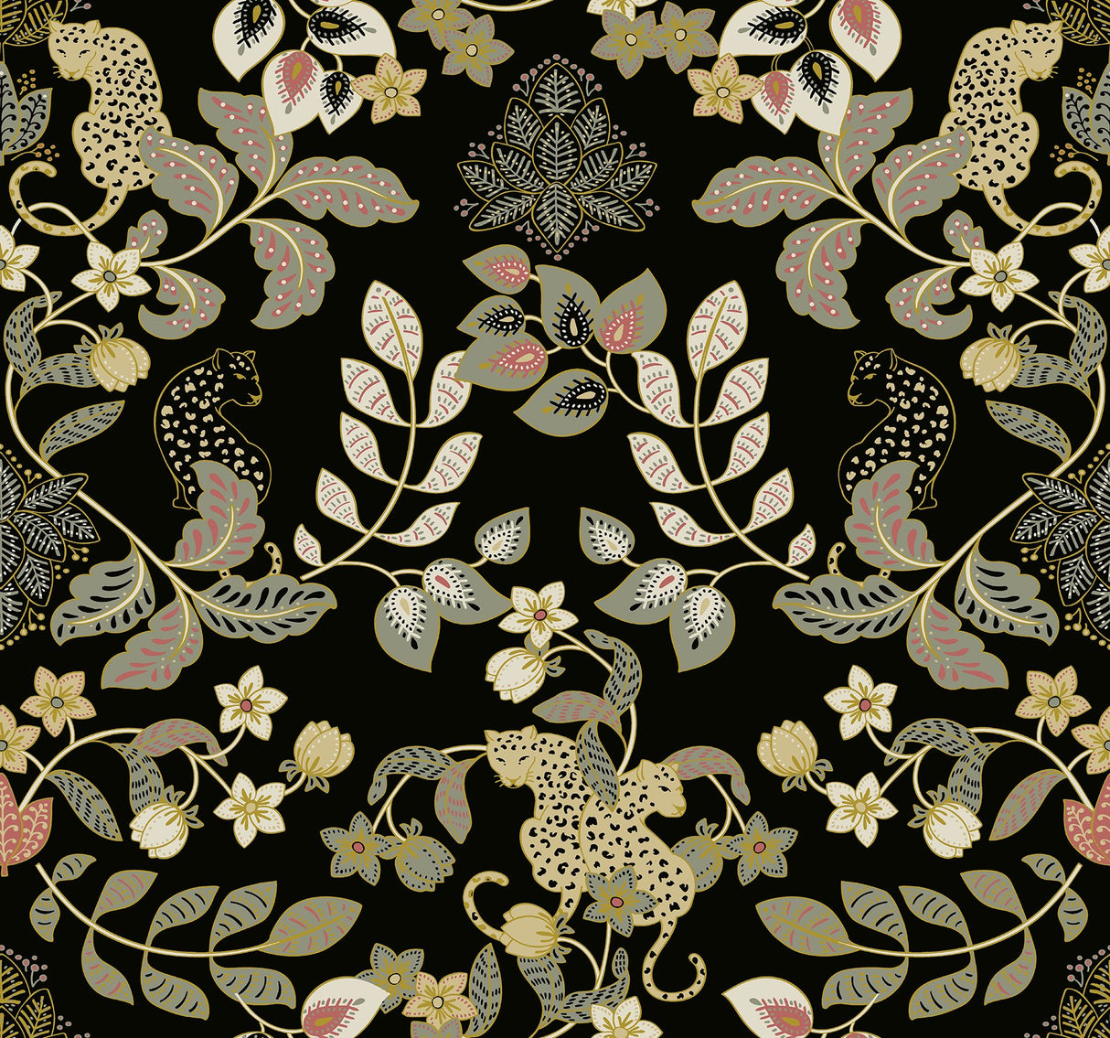 Getty Black Jungle Damask Wallpaper with Metallic Bohemian Animal Motif - A-Street Prints 4034-72131