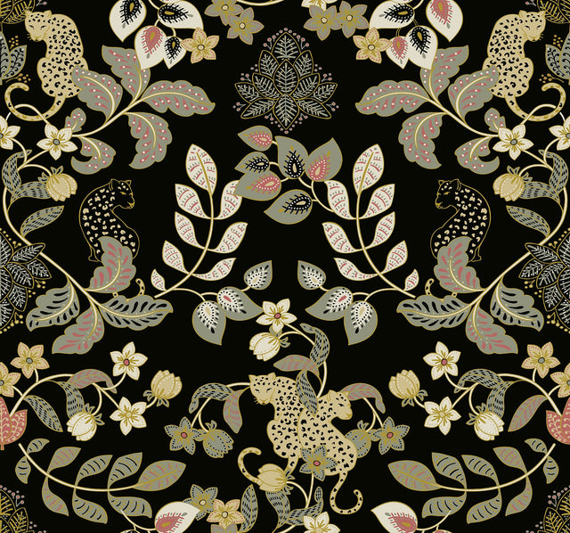 Getty Black Jungle Damask Wallpaper with Metallic Bohemian Animal Motif - A-Street Prints 4034-72131