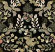 Getty Black Jungle Damask Wallpaper by A-Street Prints featuring lounging leopards amid lush floral vines with gold metallic accents on a dramatic black background