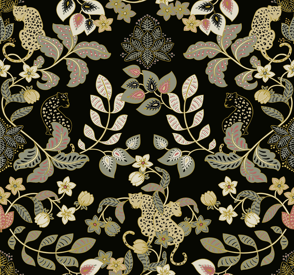 Getty Black Jungle Damask Wallpaper by A-Street Prints featuring lounging leopards amid lush floral vines with gold metallic accents on a dramatic black background