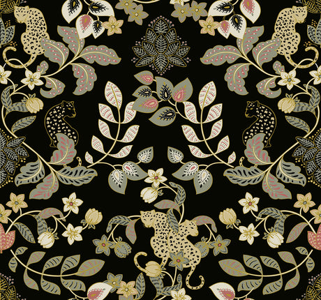 Getty Black Jungle Damask Wallpaper by A-Street Prints featuring lounging leopards amid lush floral vines with gold metallic accents on a dramatic black background