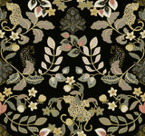 Getty Black Jungle Damask Wallpaper by A-Street Prints featuring lounging leopards amid lush floral vines with gold metallic accents on a dramatic black background