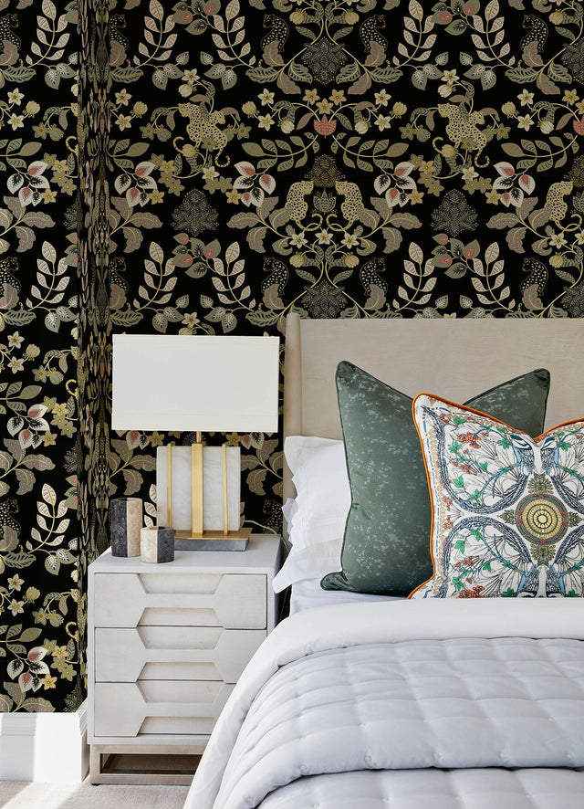Getty Black Jungle Damask Wallpaper with Metallic Bohemian Animal Motif - A-Street Prints 4034-72131