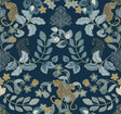Getty Navy Jungle Damask Wallpaper in Navy and Gold by A-Street Prints featuring leopards amid lush floral vines on a rich navy background